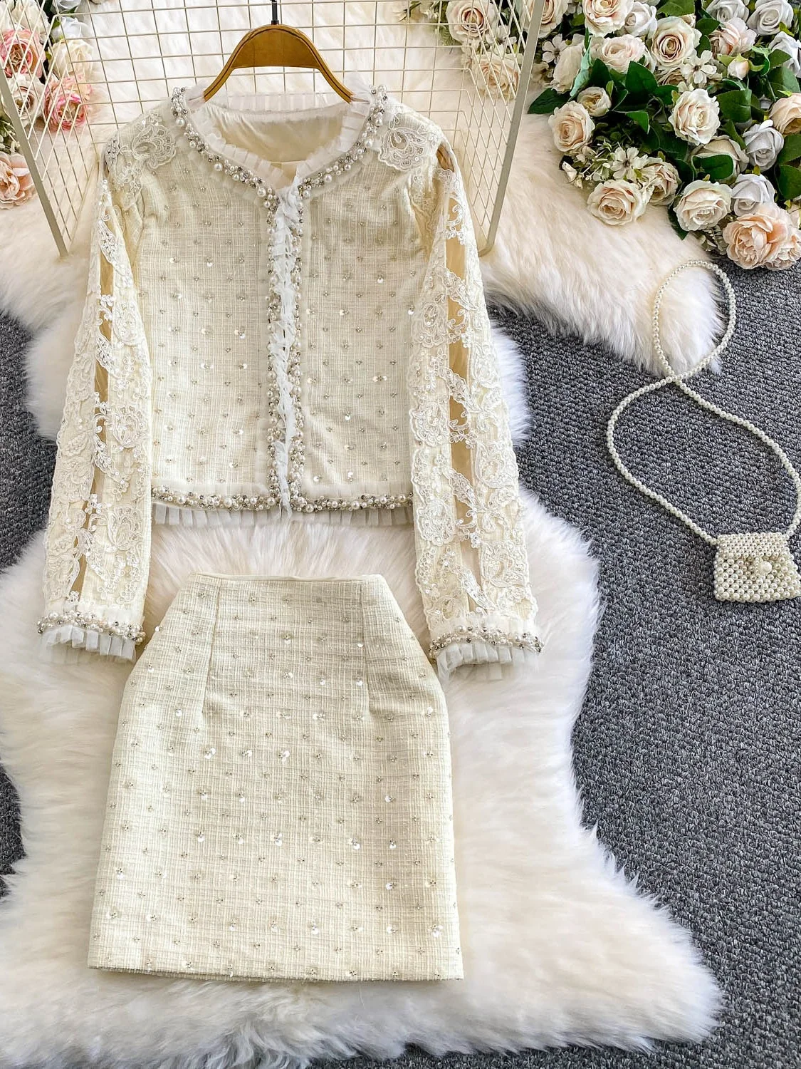 

Ele Lace Patchwork Sequin ort Skirt And Me Jaet Two-Piece Set for Women Faionable Anti-Wrinkle European Sle