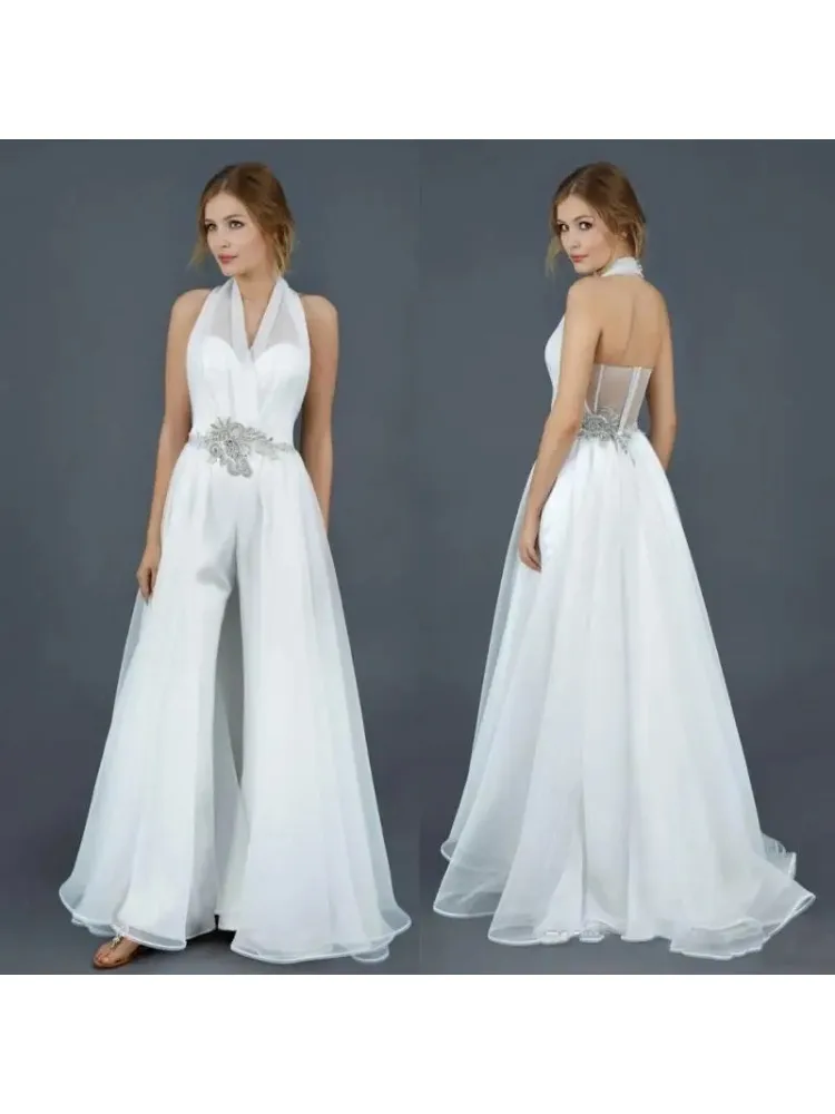 Robe De mariée élégante, col licou, avec traîne, Sexy, dos nu, combinaisons, sans manches, pour femmes