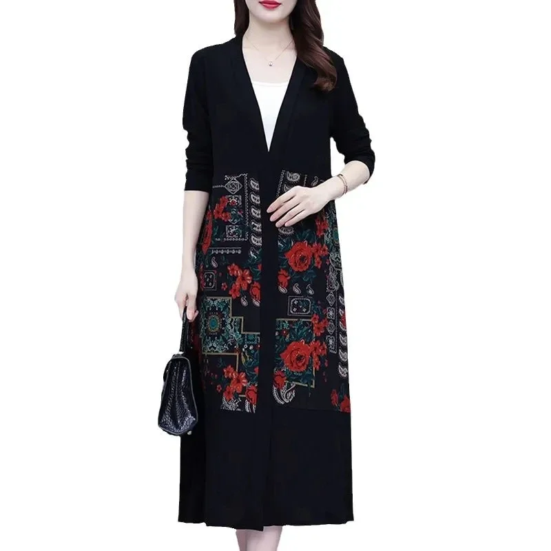 Summer Thin Windbreaker Women New Floral  Print Patchwork Cardigan Shawl Long Trench Coat  Mother Sunscreen Clothes 5XL A684