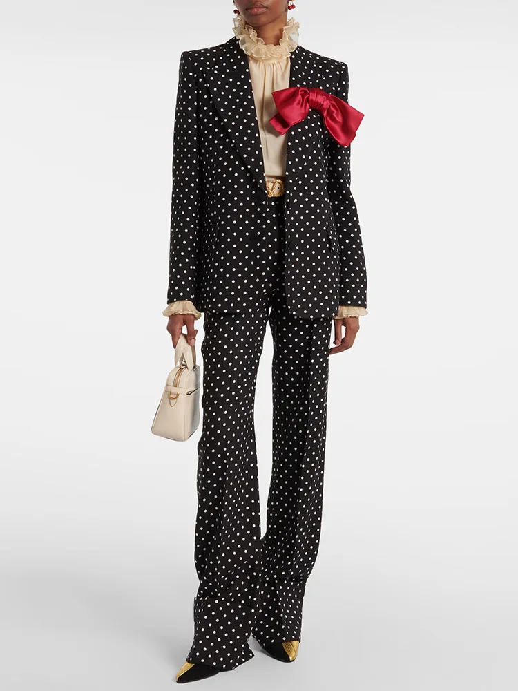 

Elegant Solid Bow Dot Blazer Pants Outfit Spring Women Single Buckle Long Sleeve Jacket+straight Trousers Autumn Two Piece Set