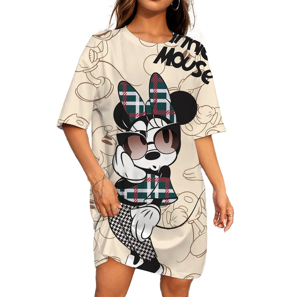 Vestido feminino com estampa do mickey mouse disney, manga curta casual grande, paisagem do verão, estilo praia, dr