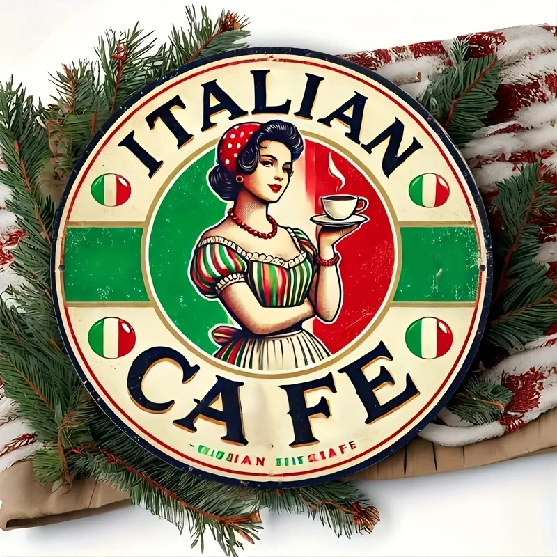 

2D Flat, [Cafe Culture] Vintage "Italian Cafe" Round Aluminum Sign - 7.8x7.8 Inches, Reusable Decorative Wall Art