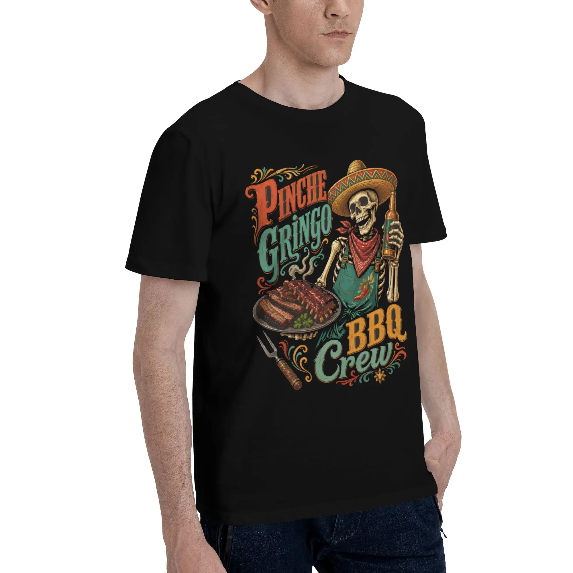 Men Women New Arrival Pinche Gringo BBQ Crew Skeleton Grilling Beer  Tee T Shirt 100% Cotton  T-shirts Clothes