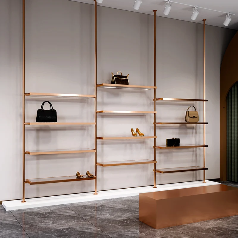 

Shoe store shoe rack display rack wall column stainless steel rose gold clothing store bag display shoe shelf storage rack