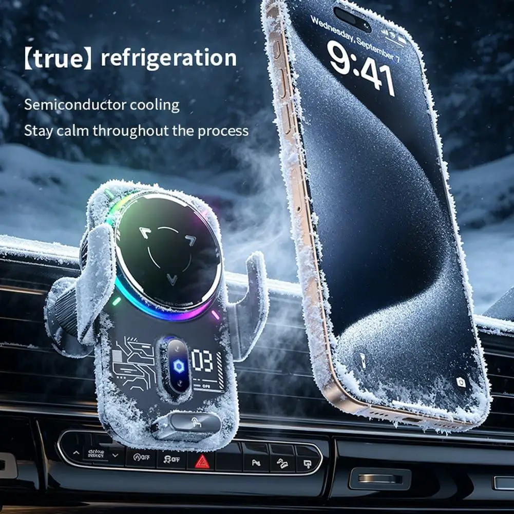 2-in-1 Magnetic Car Phone Holder 25W Wireless Charging Mount Semiconductor Cooling Auto Induction RGB Light Universal iPhone