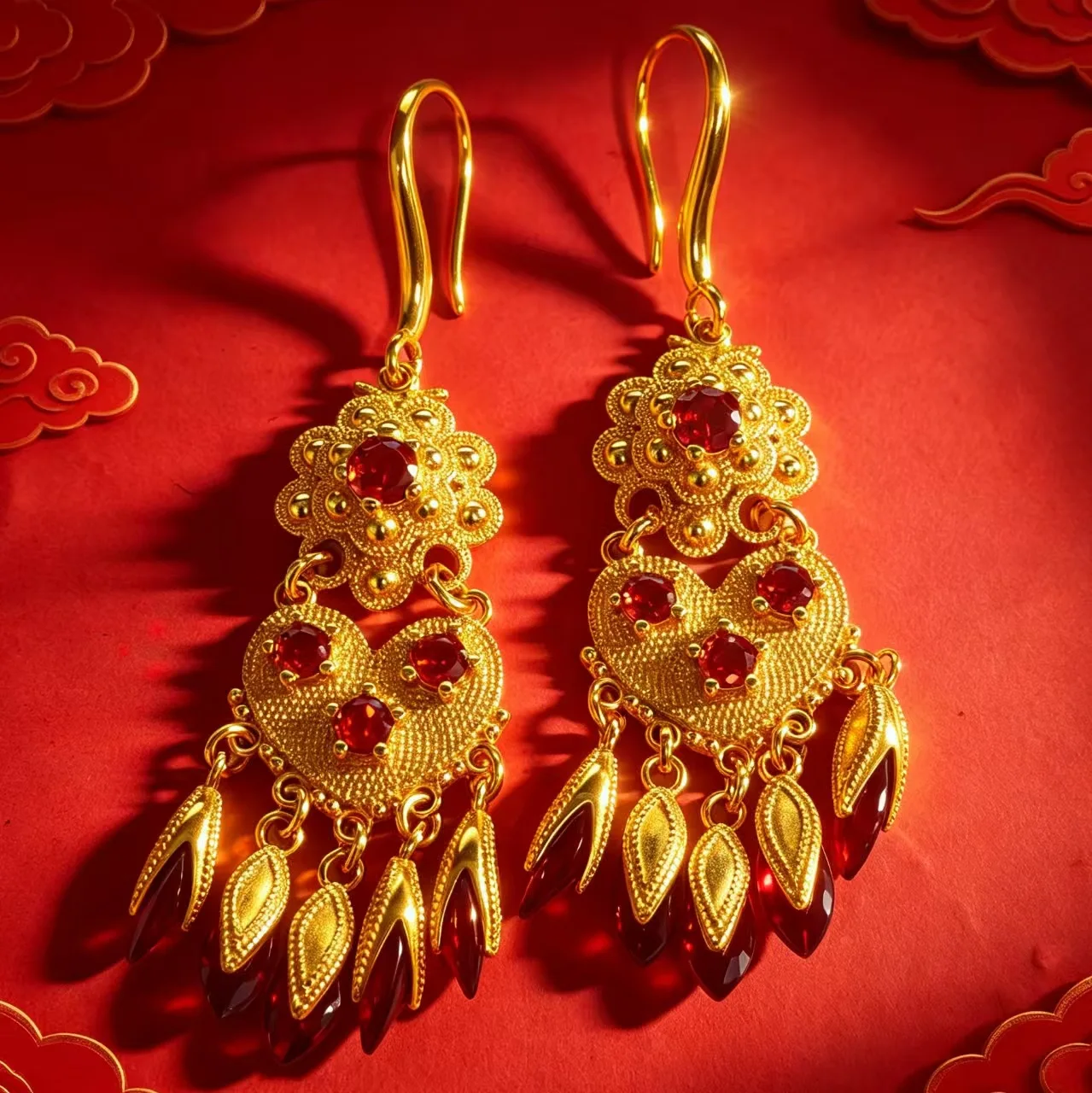 Long swaying tassels with sparkling floral stones deliver stunning gloss, this women's earrings are produced from 24K Gold AU999