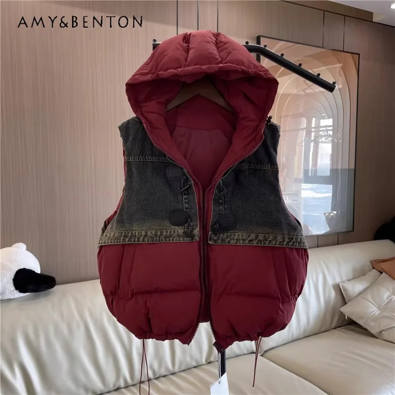 European Style Denim Splicing Design Sense Hooded Waistcoat Fashion 2024 Winter New Bread Clothes Cotton Vest Women's Loose Coat