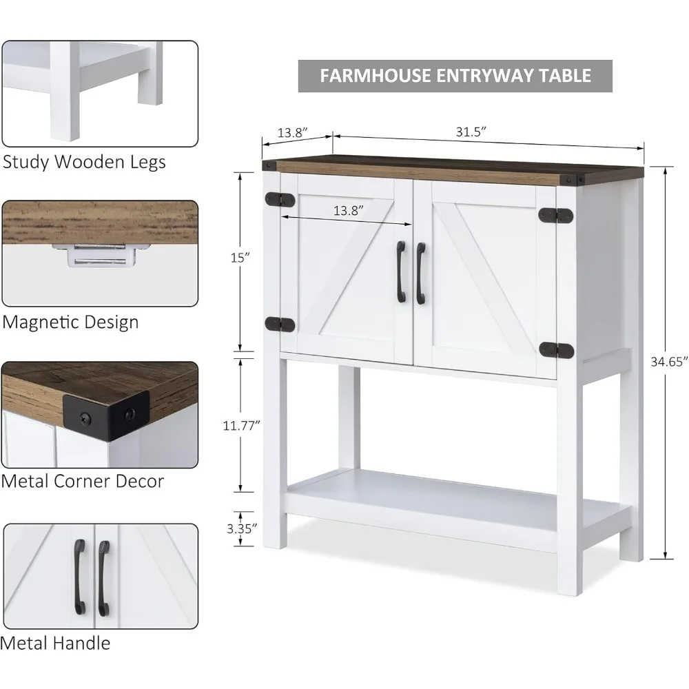 Mesa Console Aparador Buffet Farmhouse, Gabinete de Bar, Mesa Branca, Mesa com 2 Armários, 31,5 L x 13,8 D x 34,65 H