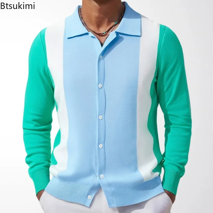 

Весенне-осенний новый мужской трикотажный свитер, трендовые лоскутные контрастные вязаные топы с длинными рукавами, кардиган, мужские деловые повседневные рубашки поло