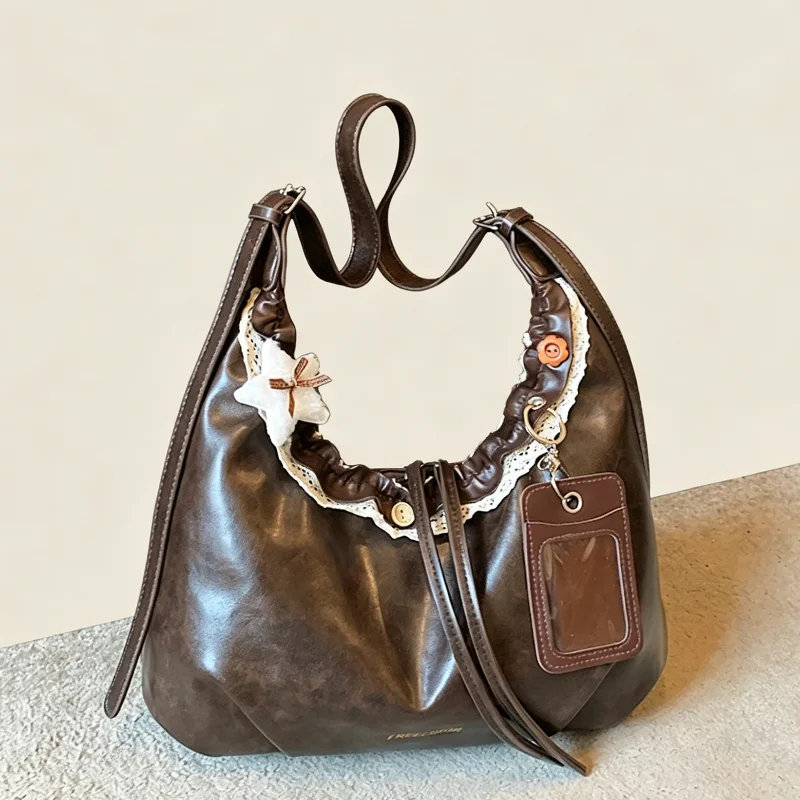 

Retro Brown Tote Bag Lace Trim Underarm Bag Japanese Cute Large Capacity Shoulder Bag Casual Commuter Handbag