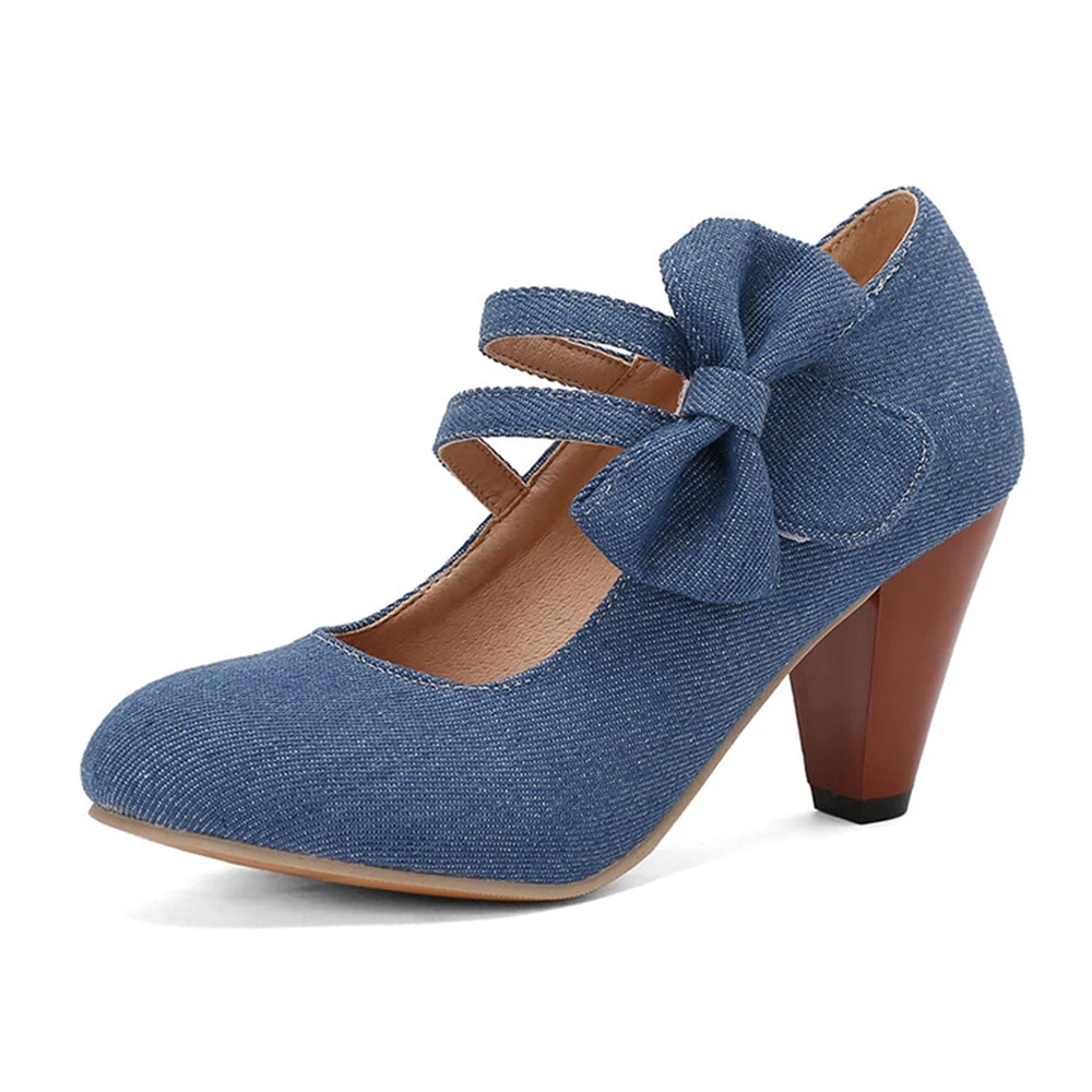 Biggest and Small Size 31-48 High Heels Bow Denim COS Lolita Single Shoes OL Velcro Platform Women's Shoes 8-33