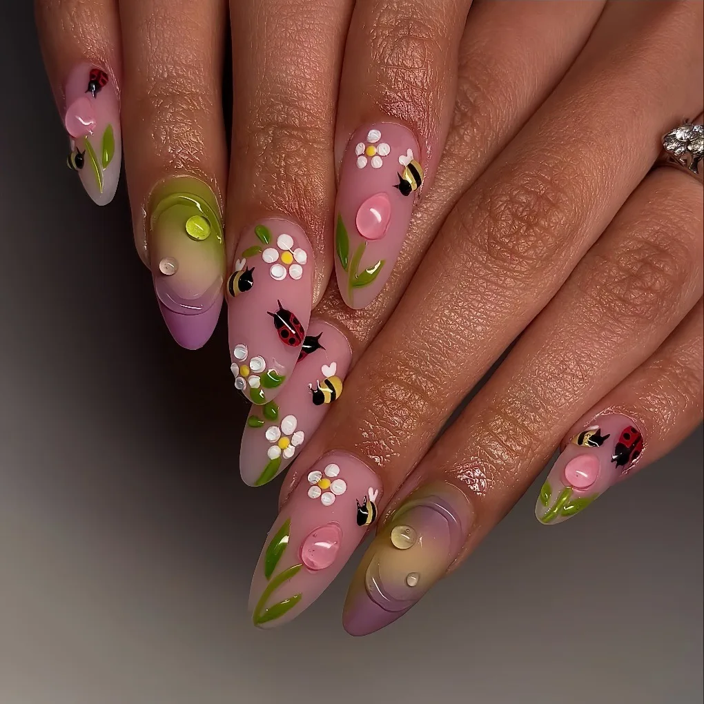 

24pcs Flower Ladybug Design Stick on False Nails Colorful Smudge Press on Nails Tips Garden Long Almond Fake Nail Woman Manicure