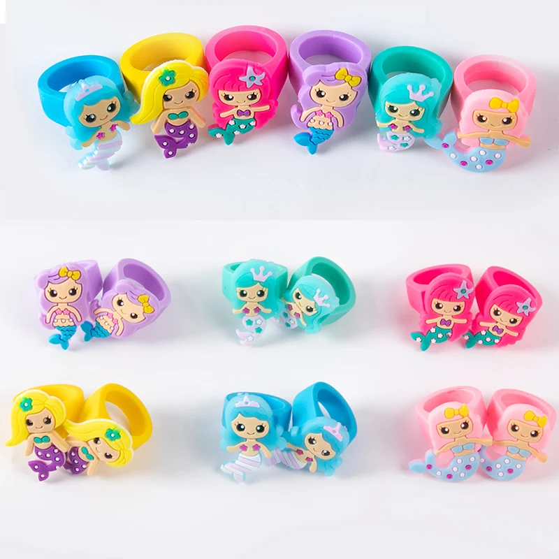 6pcs Little Mermaid Party Gift Silicone Ring Toys Cartoon Mermaid Ring Girls Birthday Party Decoration Under The Sea Party Decor