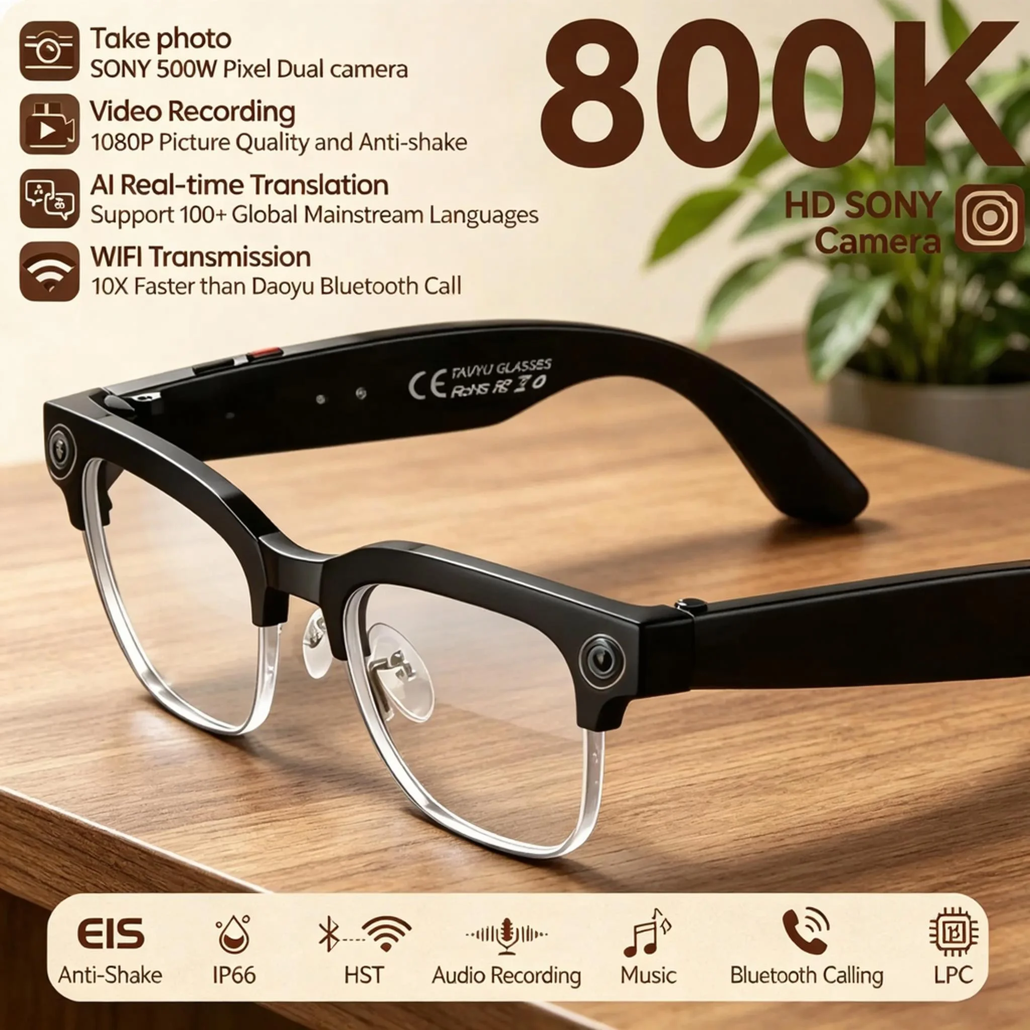 

Умные очки 2026 4K 8MP с HD-камерой, переводом на 140+ языков, ChatGPT, Wi-Fi, записью видео, Bluetooth-звонками и аудиофункциями для мужчин и женщин