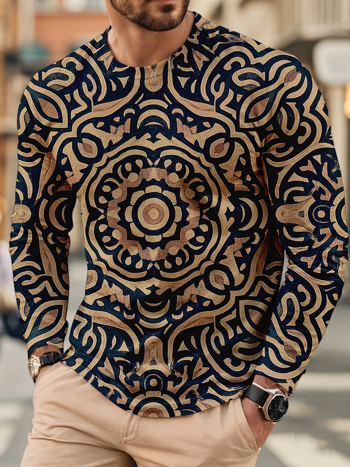 

Men's Rhinestone Decor Skull Pattern Long Sleeve Crew Neck T-shirt, Casual Quick-drying Top As Gift，