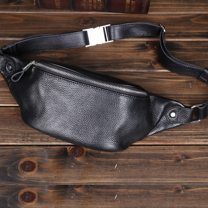 Men's Top-Grain Leather Crossbody Chest Bag Sports Running Waist Pack with Phone Pocket
