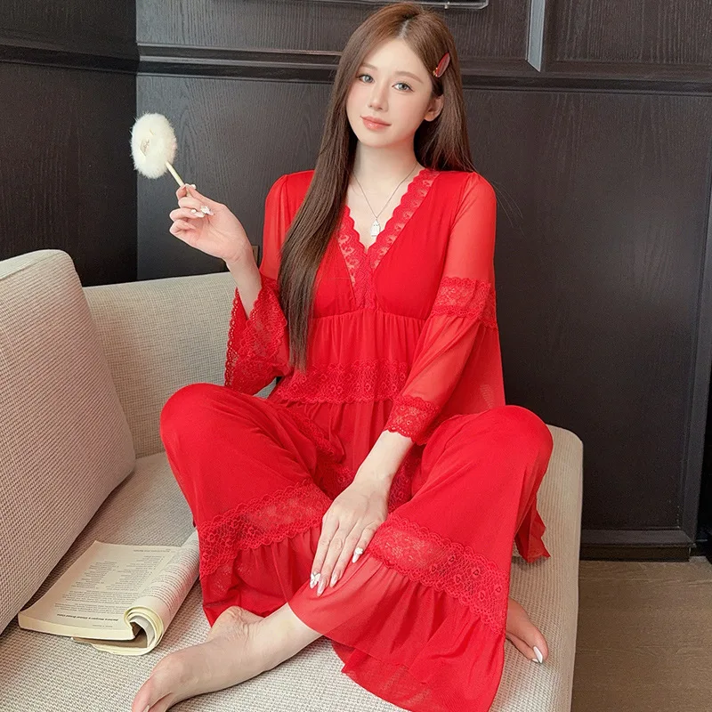 2026 Spring and Autumn New Fashion Solid Color Lace Sweet Leisure Loose Princess-style Tulle Pajamas Set for Women's Home Wear