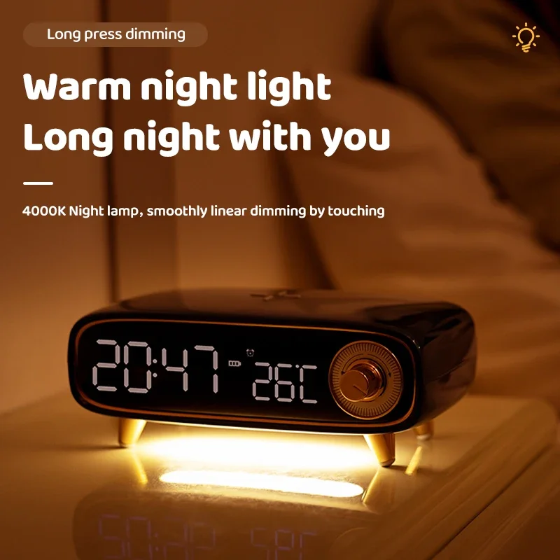 Multifunctional bluetooth speaker 15W wireless fast charging six-in-one bedside charging night light alarm clock temperature dis