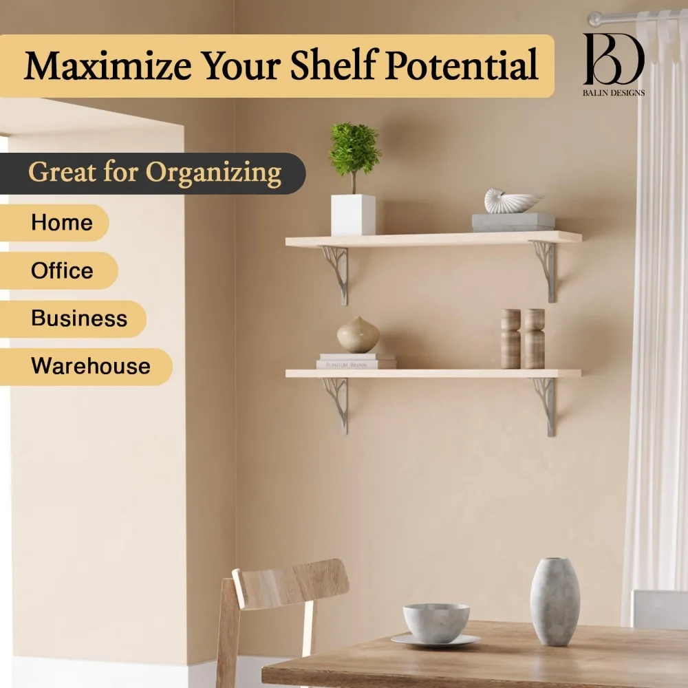 دعامات أرفف عائمة معدنية فضية مقاس 12 بوصة على شكل شجرة ريفية شديدة التحمل، دعامات على شكل حرف L من الحديد المزخرف لديكور المنزل