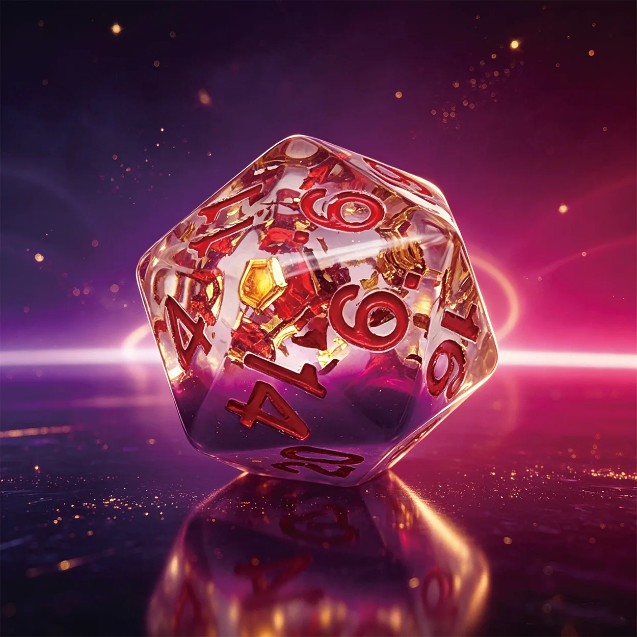 7pcs Resin Rounded Edge DND Dice Set, purple- clear two- tone layered design embedded with shimmering gold foil flakes