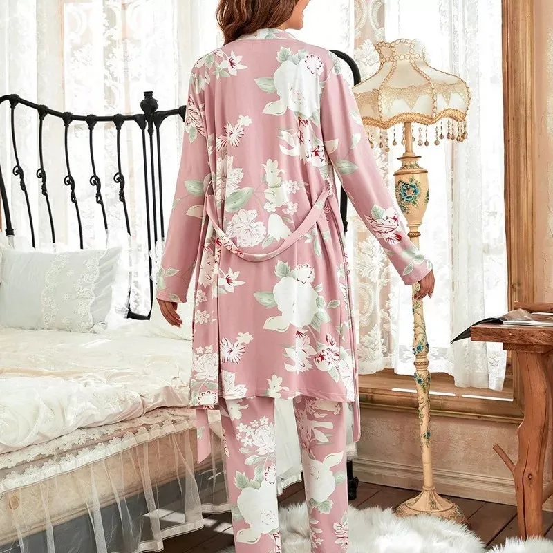 Casual Home Wear, Women's Nightgown, Camisole, Nightgown, Long Pants Three Piece Set, 2025 New Breathable Thin Version, Pink