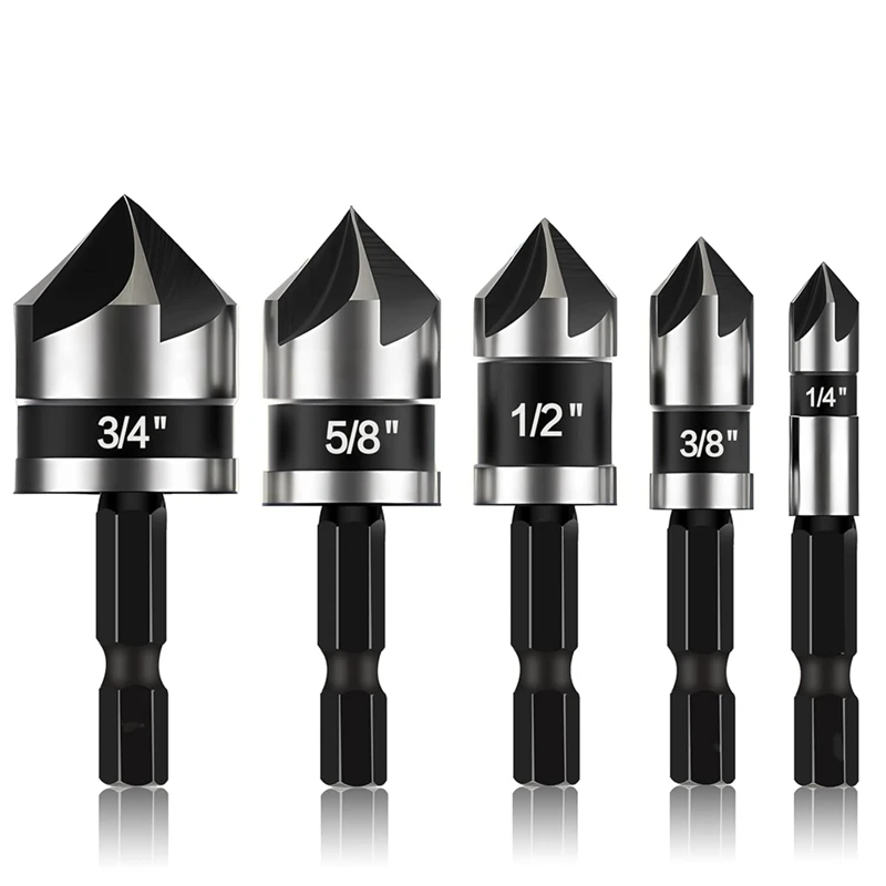 

ABRN-5 Pcs Countersink Drill Bit Set,With 1/4Inch Quick Change Hex Shank, 1/4Inch To 3/4Inch Size For Metal, Wood & Plastic