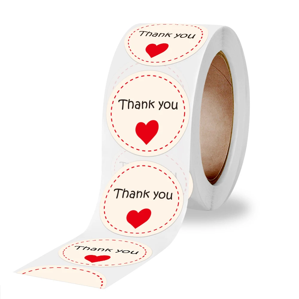 Autocollant rond merci coeur rouge, étiquette autocollante de scellage d\'enveloppe en rouleau de papier pour emballage, papeterie de décoration, 100