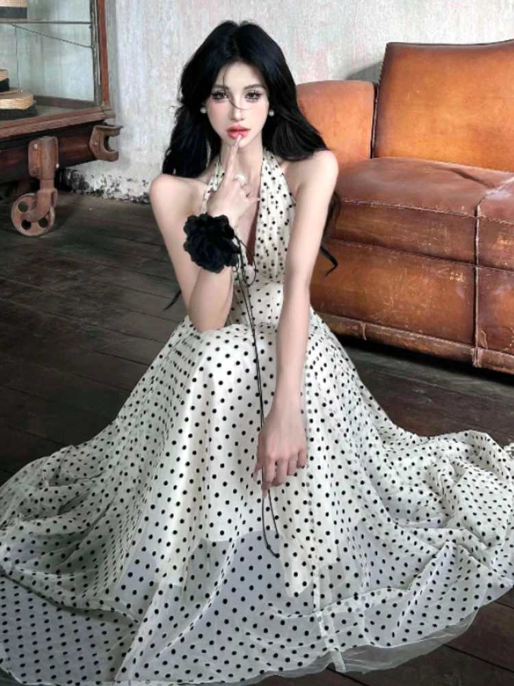 French Elegant Midi Dress Women Sleeveless beach Style Dot V-Neck Dress Evening Party One Piece Dress Vintage Chic Summer