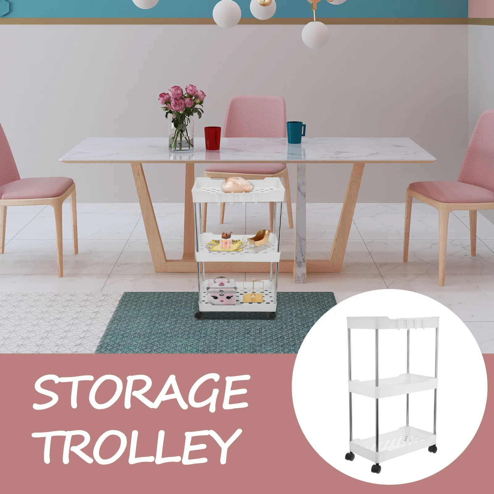 

3 Layer Rolling Storage Cart Multi-Tier Utility Organizer Trolley with Swivel Wheels for Bathroom Kitchen Pantry Corner Space