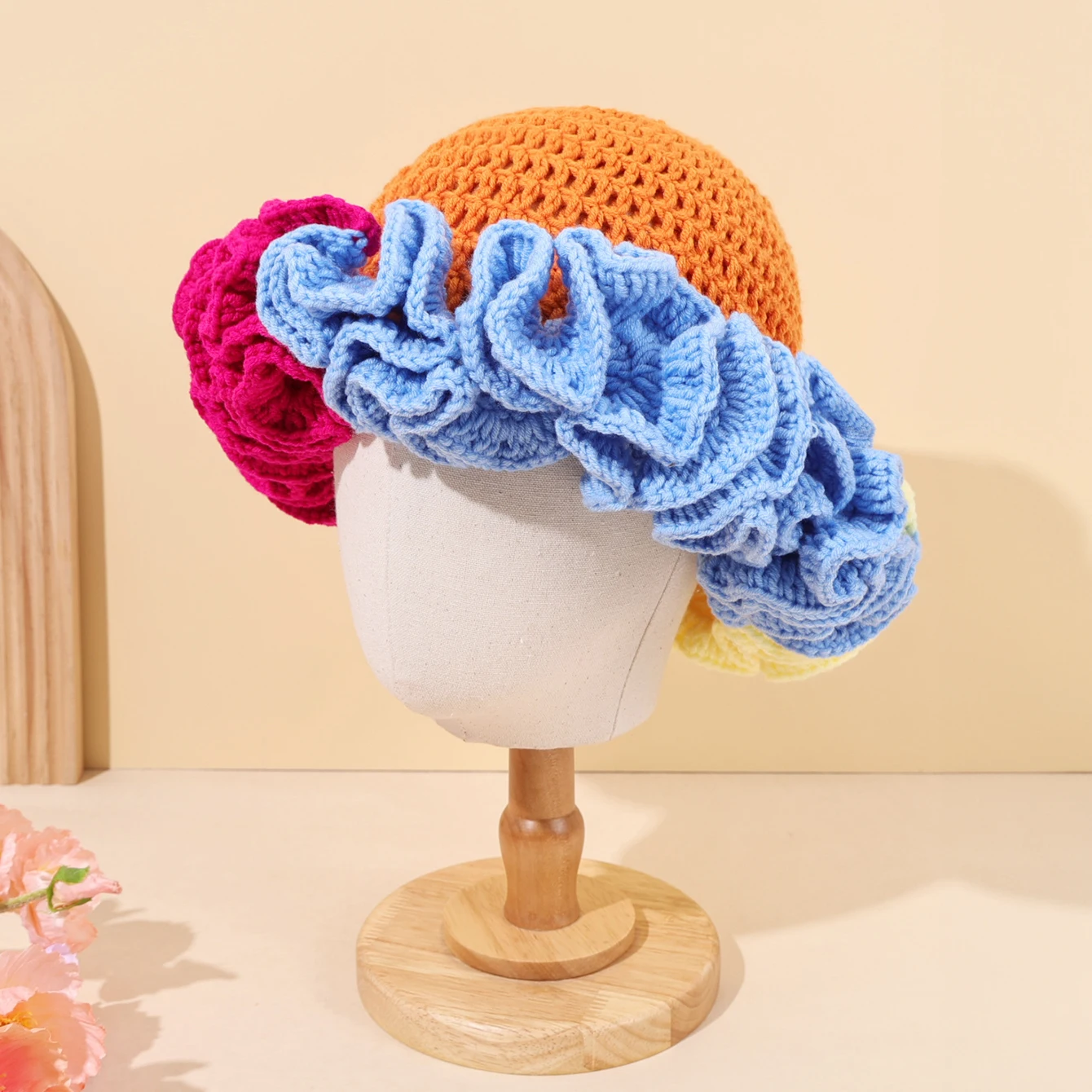 

Multi Colored Color Blocking Wave Edge Knitted Fisherman Hat, Hand Knitted Adult Pullover Bucket Hat, Yarn Basin Hat
