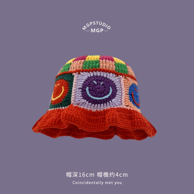 2024 Autumn New Sweet Cute Handmade Knitted Hat Women Korean Ins Crochet  Flower Bucket Hat Y2k Fashion Weaving Winter Beanies