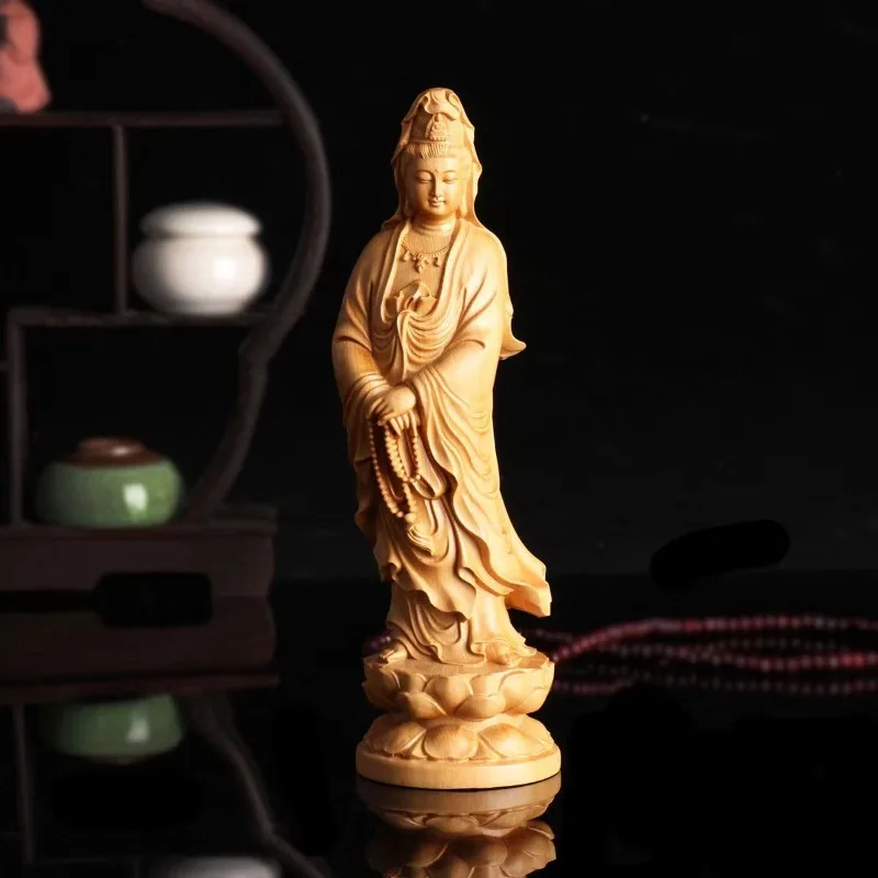

Natural Cypress Lotus Guanyin Small Statue Chinese Buddha Statues Home Room Office Car Feng Shui Figure Statue Log Color