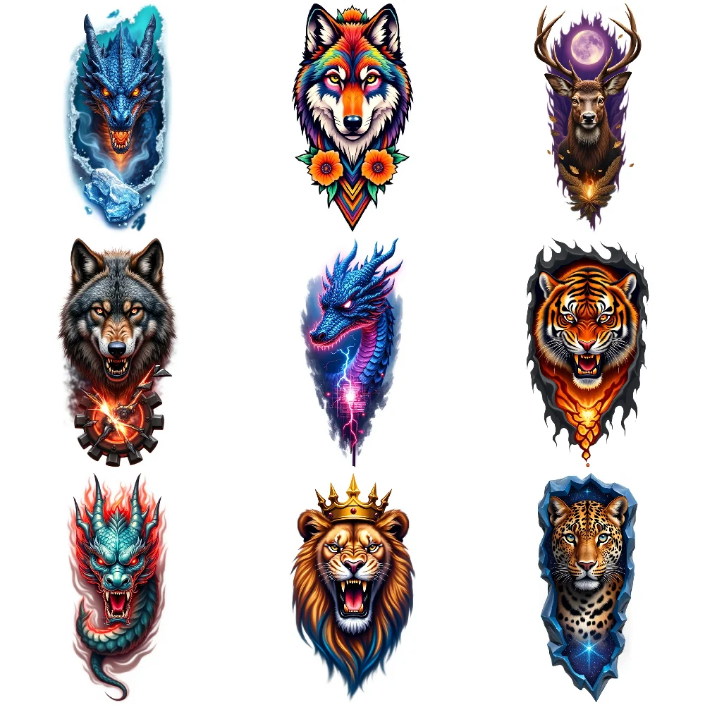 9 Pcs Realistic Temporary Tattoo Stickers Waterproof Wild Animal Lion Tiger Wolf Eagle Fake Tattoos for Adults Body Art Decals