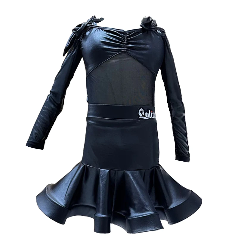 Kids Girls Lolita Latin Dance Clothing Outfit Set Long Sleeve Leather Mesh Lace-up Top Pants Stage Performance Clothes