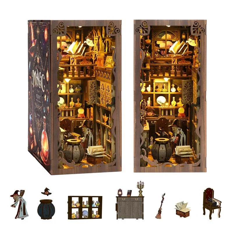 인기 급상승 매직 하우스 3D 나무 퍼즐 DIY 미니어처 하우스 북 눅 (먼지 덮개 포함) 선물용 북 눅 키트 나무 퍼즐