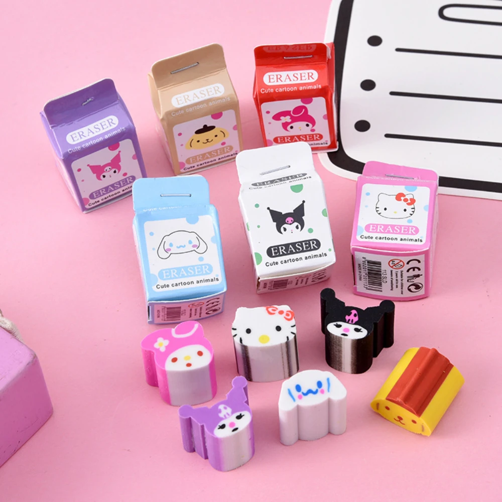 

6 шт. Sanrio Hello Kitty Kuromi ластик для коробки с молоком Kawyii Cinnamoroll Melody студенческие ластики с героями мультфильмов школьные канцелярские принадлежности призы