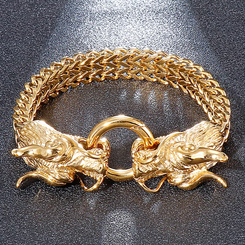 

12mm Heavy Punk 18K Gold Color Double Dragon Head Bracelet For Men Hiphop Black Stainless Steel Bike Mesh Chain Bangle Jewelry