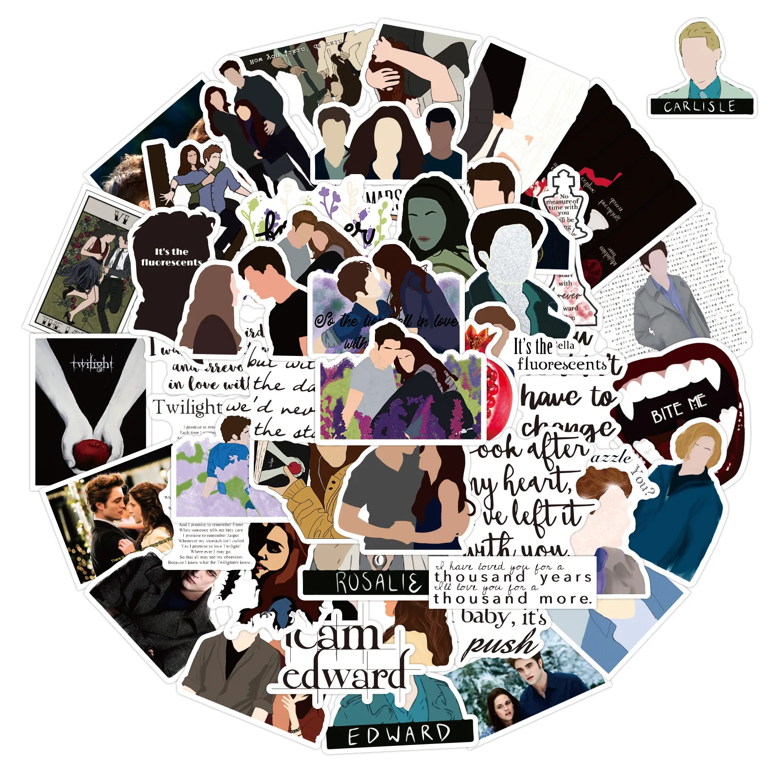 สติกเกอร์ลายการ์ตูนจากภาพยนตร์ Twilight แบบใหม่ 50 ชิ้น สติกเกอร์ตกแต่งลายกราฟฟิตีกันน้ำ สติกเกอร์กราฟฟิตีแบบส่วนตัวสำหรับตกแต่งสมุดภาพ DIY