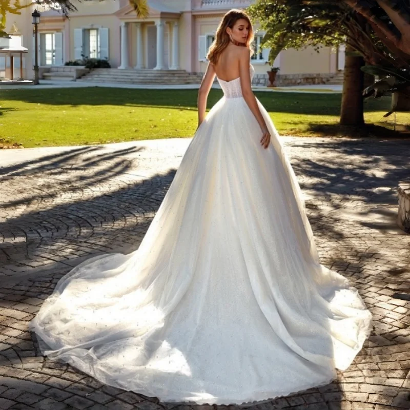 All Over Beaded Corset Strapless Glitter Tulle Ball Gown Wedding Dress Detachable Bubble Puff Sleeves Chapel Train Garden Weddin