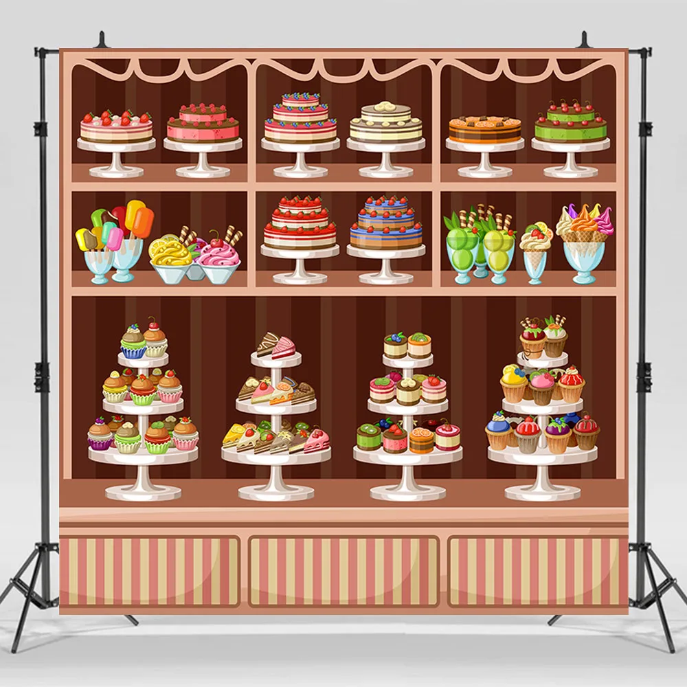 

Sweet Cake Shop Backdrop for Baby Kids Boys Girls 1st First Birthday Party Decoration Banner Bakery Bar Shelves Background Booth