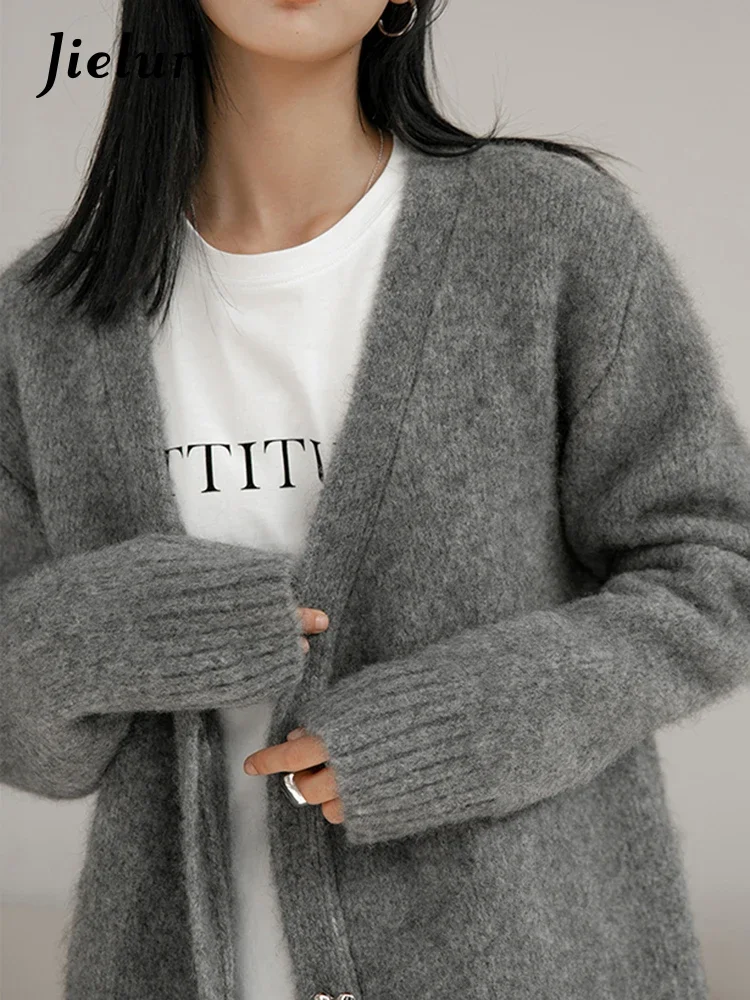 Jielur Autumn Korean Loose Solid Color Cardigan Woman Sweet Ladies Elegant Knitted Women Cardigan Grey Fashion Simple Cardigan