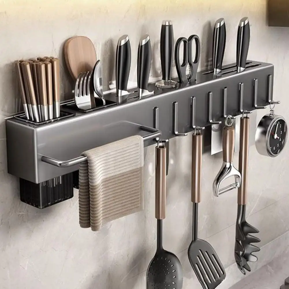 

Tableware Organizer Kitchen Storage Rack Wall Mounted Carbon Steel Kitchen Cutter Holder with Hooks for Spoon Kitchen Utensil Or