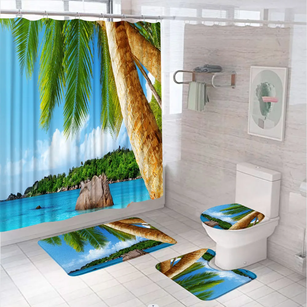 

Summer Tropical Beach Shower Curtain Set Seaside Island Palm Tree Blue Sea Forest Bathroom Curtains Non Slip Toilet Bath Mat Rug