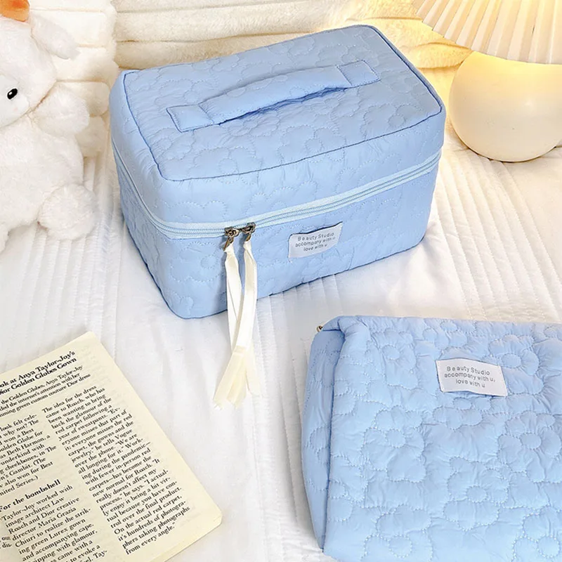 1pcs Women Zipper Cosmetic Organizer Cloth Handbag Box Shape Portable Toiletry Case for Girls Cute Quilted Cotton Makeup Bag