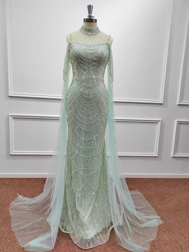 2024 Evening Dress Mermaid Luxury Arabic Cape Sleeve Beaded Pearls Sequined Long Formal Wedding Party Prom Gowns Vestido De Gala