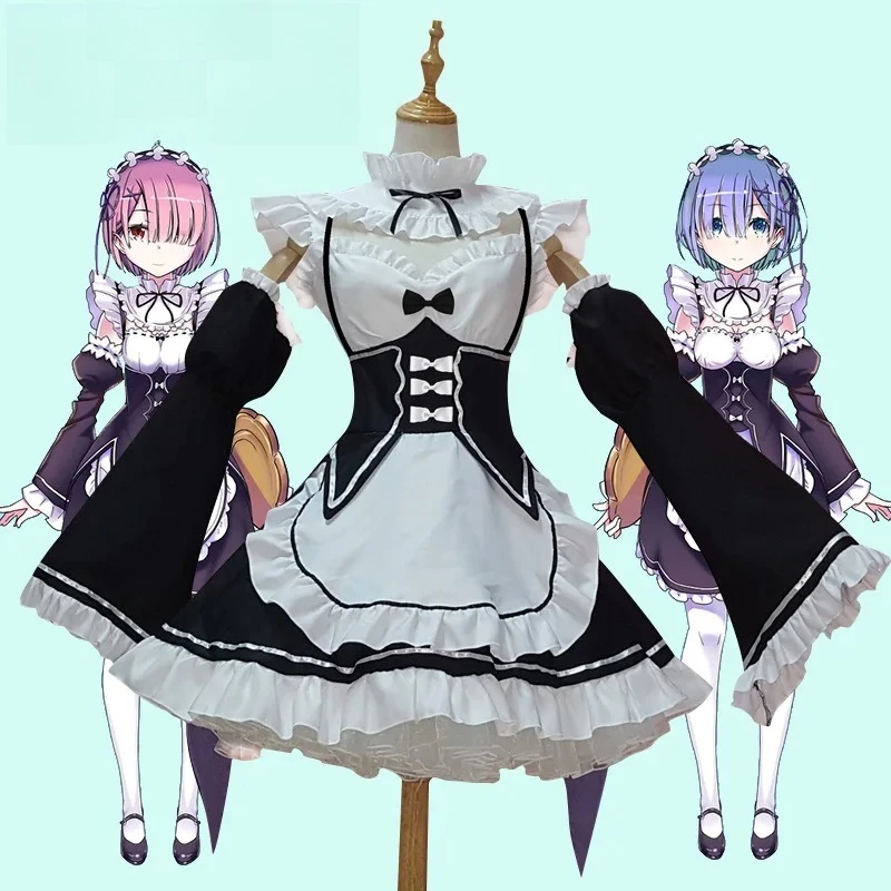 

Plus Size Rem Maid Dress Cosplay Costume from Re:Zero Large Size Ram Sister Maid Uniform with Apron Bow and Sleeves