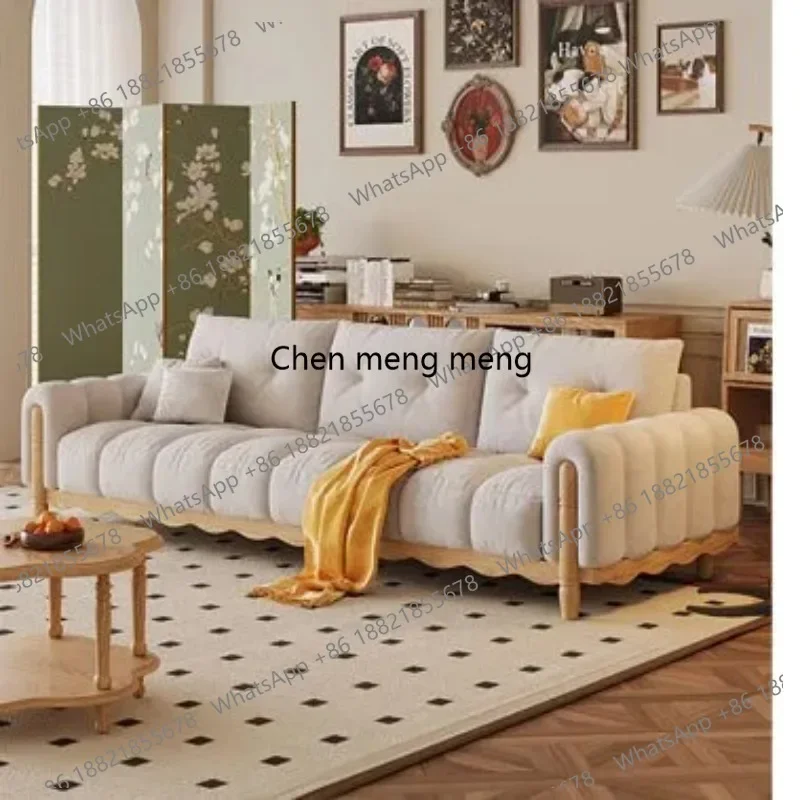 RR French retro style medieval solid wood three-person straight cloth sofa small apartment living room furniture fabric multi-co