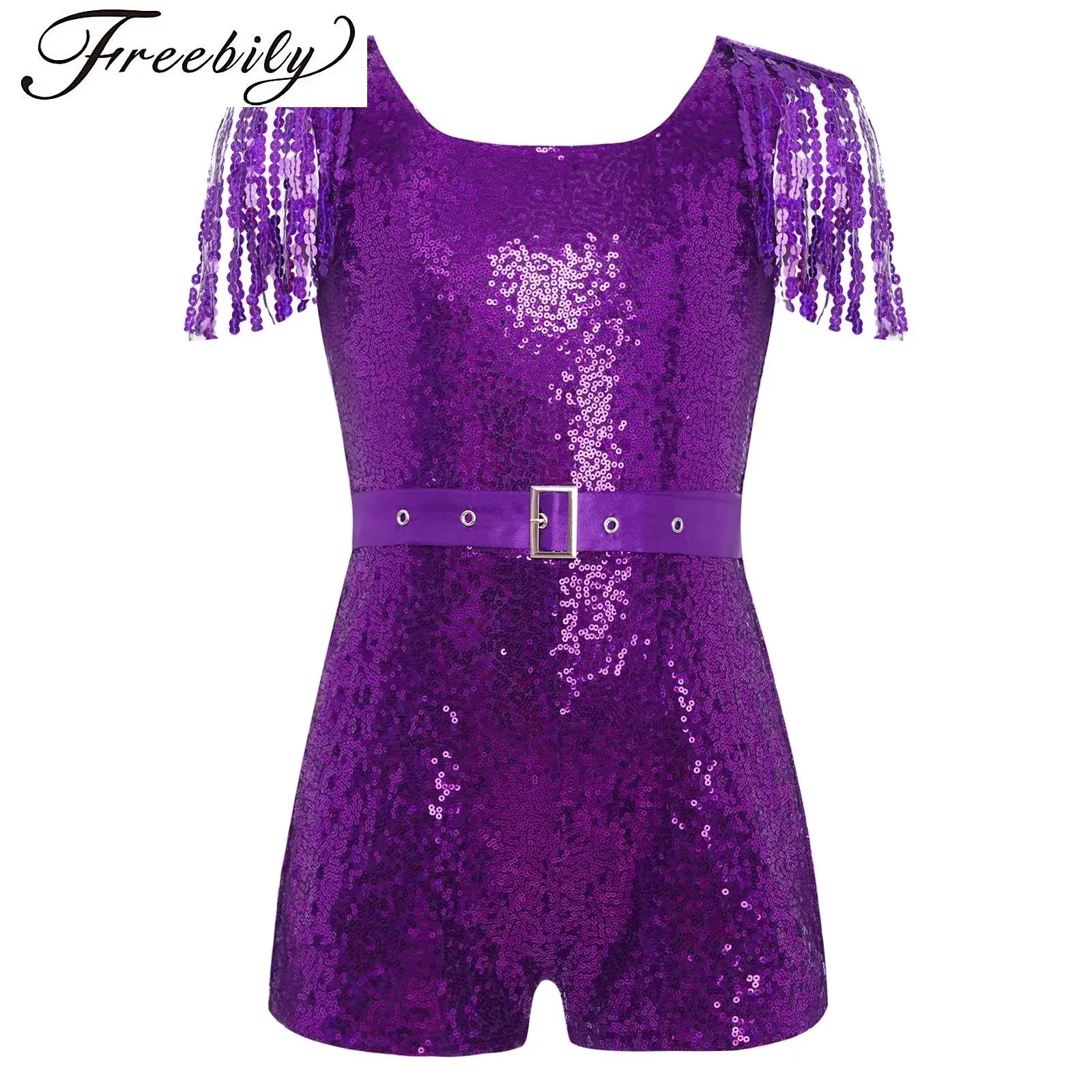 

Kids Girls Shiny Sequin Shorty Unitard Jazz Chacha Dance Bodysuit Sleeveless Tassels Jumpsuit And Waistbelt for Birthday Wedding