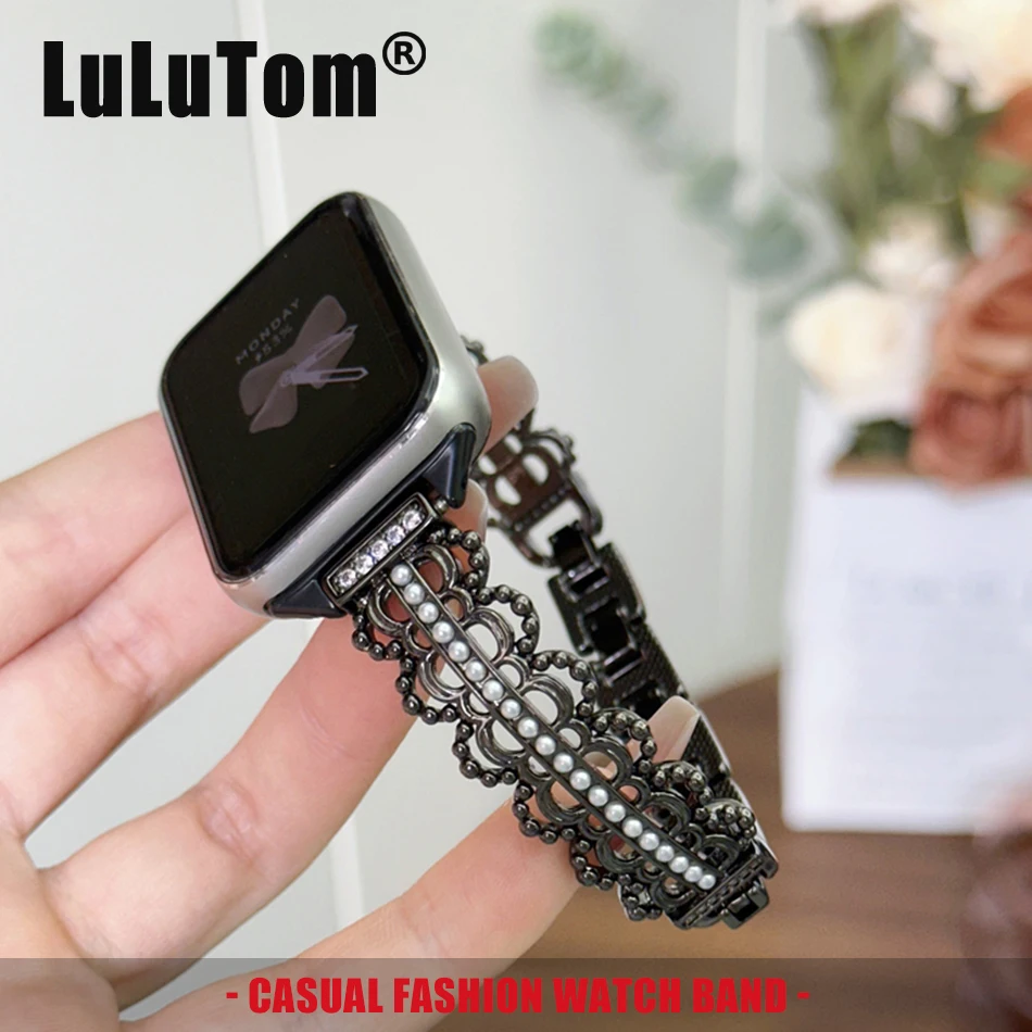 

Strap For Xiaomi Mi Band 10 9 8 Pro Watchband For Miband 8Pro 9 Pro Fashion Lace Pearls Diamond Bracelet Women Metal Wristband