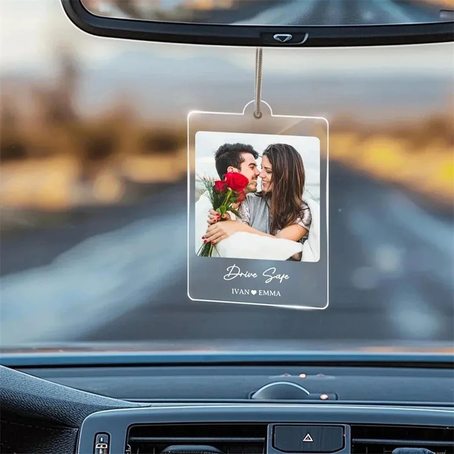Personalized Custom Photo Car Hanging Ornament, Acrylic Rear View Mirror Charm, Custom Text Car Pendant Gift for Couple